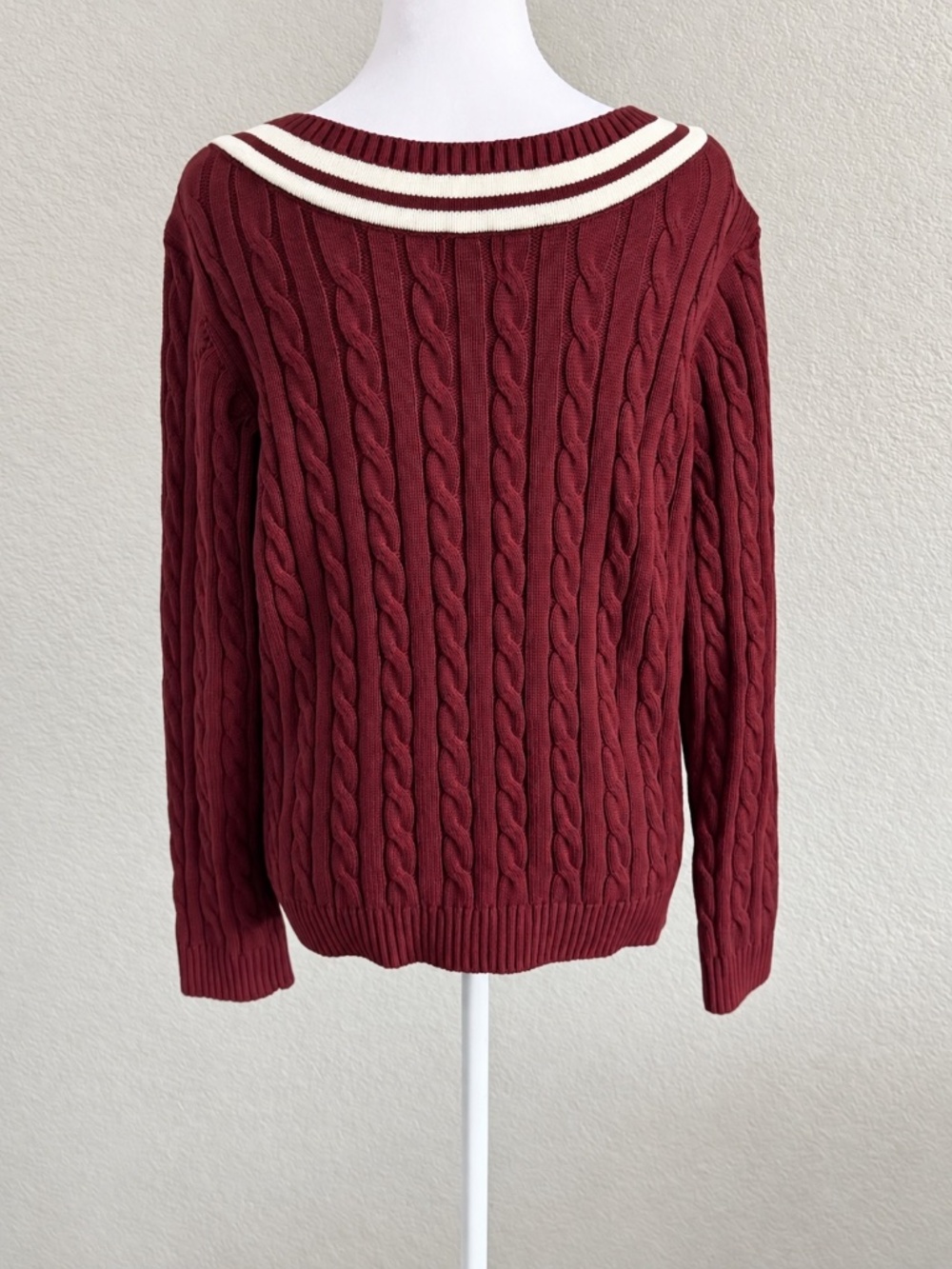 Lands End 100% Cotton Varsity Collegiate Cable Knit Sweater Burgundy SZ Large - Picture 4 of 9